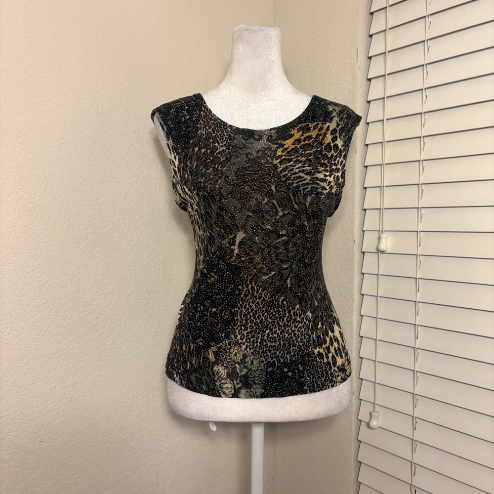 90s vintage grunge glam black and green Animal Print Gold Metallic glitter top M